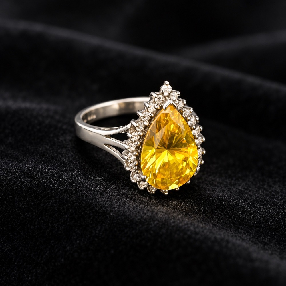 Vintage Thailand 925 Sterling Silver Yellow Pear Cut Halo Ring Size 7 Statement